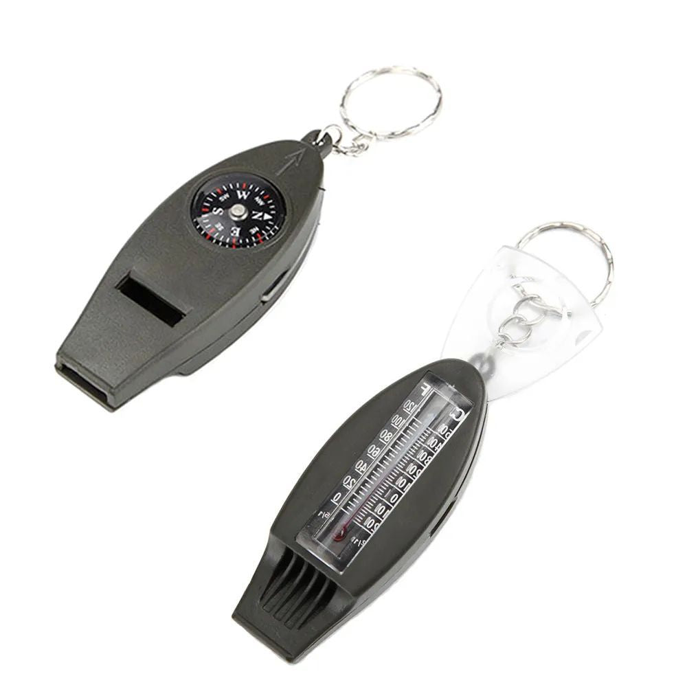 4IN1 Keychain Whistle Thermometer Compass Magnifier Outdoor Camping Hiking Survival EDC Tool