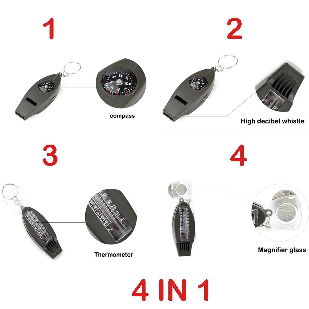 4IN1 Keychain Whistle Thermometer Compass Magnifier Outdoor Camping Hiking Survival EDC Tool