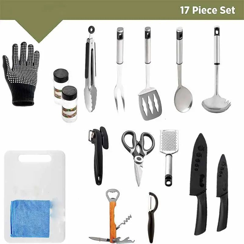 18PCS Camping Cooking Utensils Set Travel Cook Ware Kit, Portable Outdoor Cooking and Grilling Utensil Set