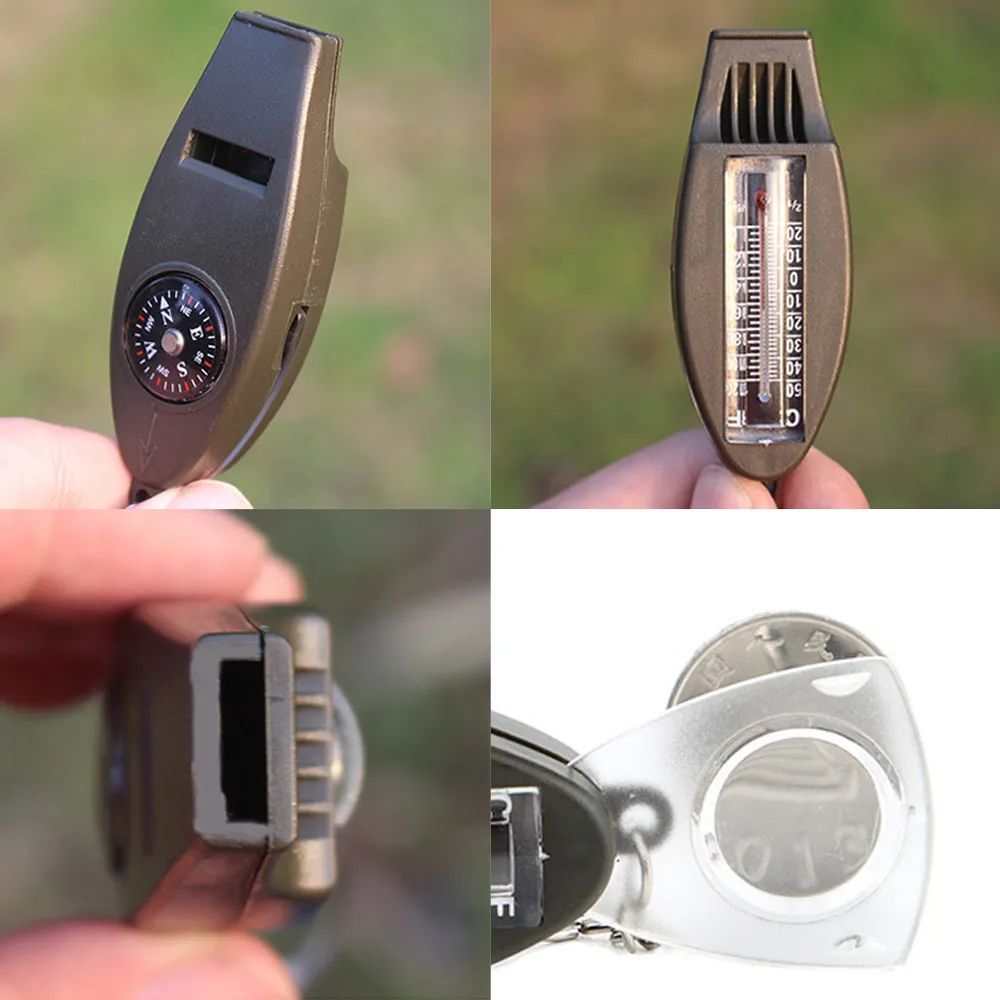 4IN1 Keychain Whistle Thermometer Compass Magnifier Outdoor Camping Hiking Survival EDC Tool