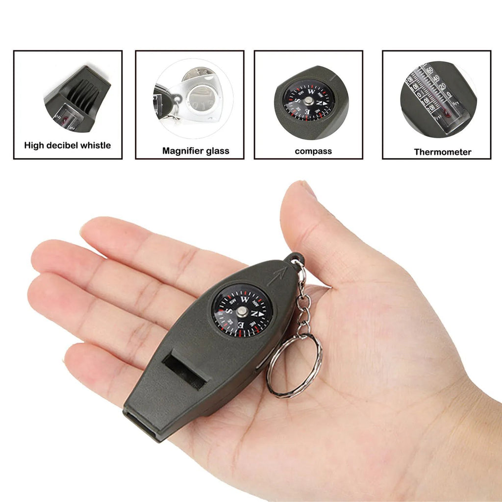 4IN1 Keychain Whistle Thermometer Compass Magnifier Outdoor Camping Hiking Survival EDC Tool